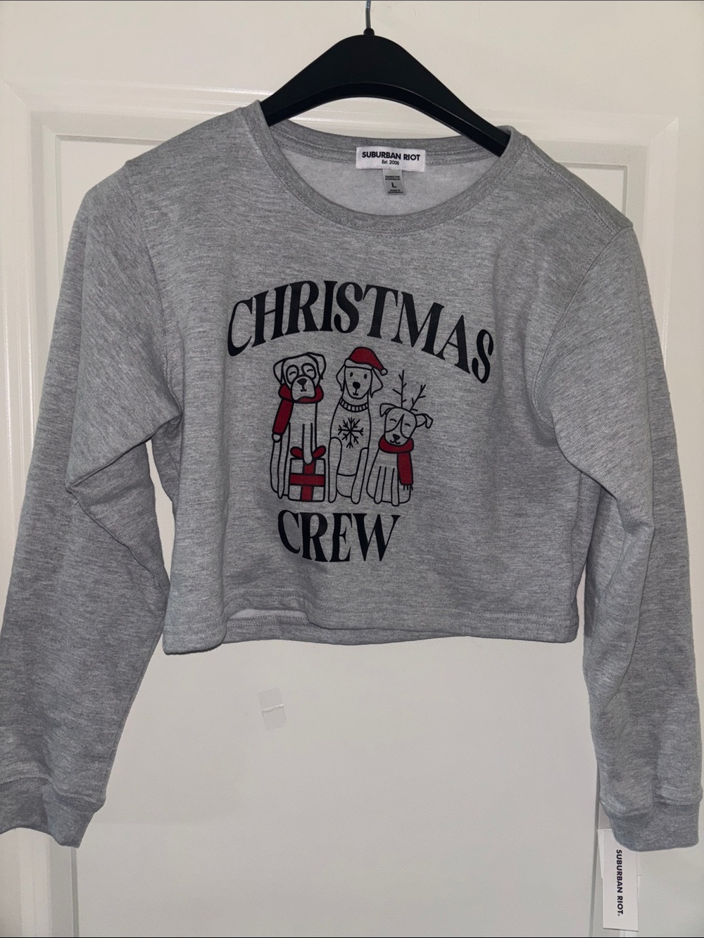 SubUrban Riot Gray "Christmas Crew" Girls Cropped Sweatshirt with Red Accents